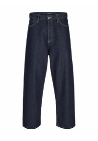 Mörkblå denimbyxor med rak, bred ben, fem-ficksdesign och kontrasterande sömmar. Har knappstängning fram och bältesöljer.