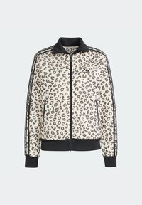 Leopardskinnad zip-up jacka i beige och svart, med krage, svarta detaljer och tre ränder på ärmarna. Tillverkad av ett mjukt, lätt material.
