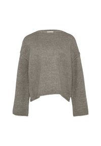 Szary krótki sweter z prążkowanej tekstury, szerokim dekoltem w łódkę i opuszczonymi ramionami. Posiada luźne, długie rękawy oraz surowe wykończenie. 