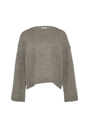 Gray cropped sweater with a ribbed texture, wide boat neckline, and dropped shoulders. Features loose-fitting long sleeves and unfinished hem.
