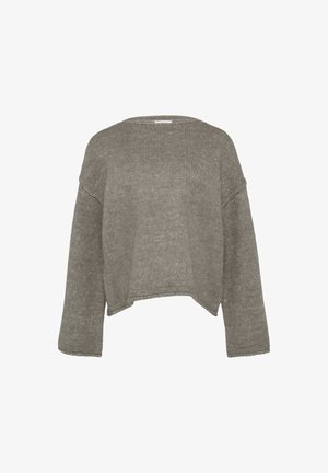 Grauer, kurz geschnittener Pullover mit gerippter Textur, weitem Bootsausschnitt und überschnittenen Schultern. Mit lockeren langen Ärmeln und einem rohen Saum.