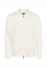 Chaqueta bomber blanca de tejido texturizado, con cremallera frontal, bolsillos laterales y puños y dobladillo acanalados. Acabado liso con un diseño minimalista.