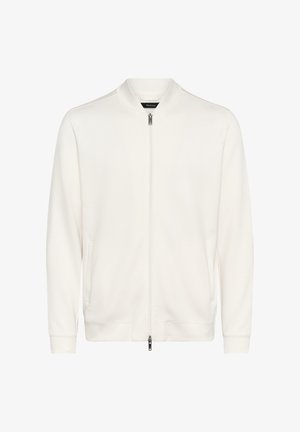 Weißer Bomberjacke aus strukturiertem Stoff, mit einem Frontreißverschluss, seitlichen Taschen und gerippten Bündchen und Saum. Glatte Oberfläche mit minimalistischem Design.