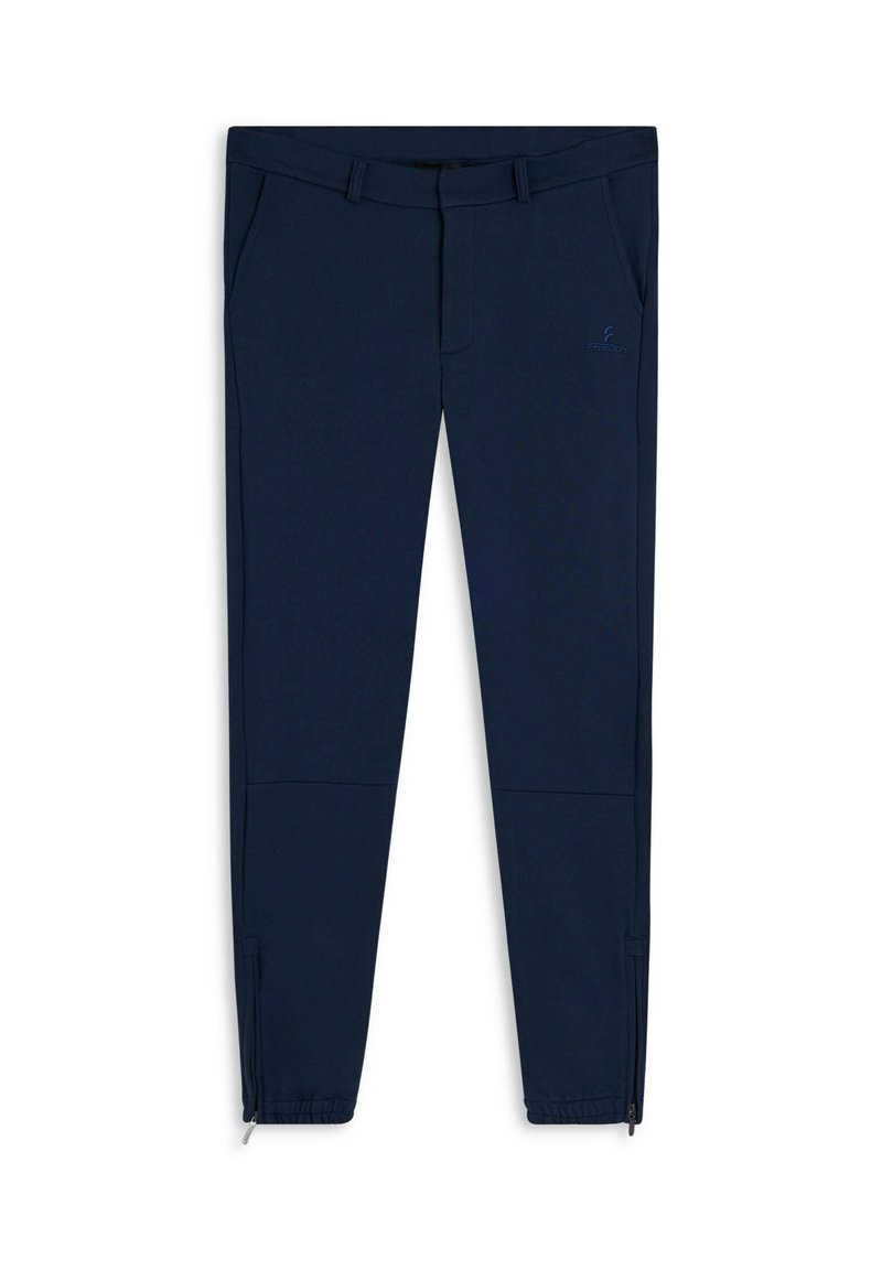 Pantalones azul marino de corte ajustado hechos de tela suave, con bolsillos laterales y puños en los tobillos con cremallera para un ajuste ajustable. Logo en la cadera.