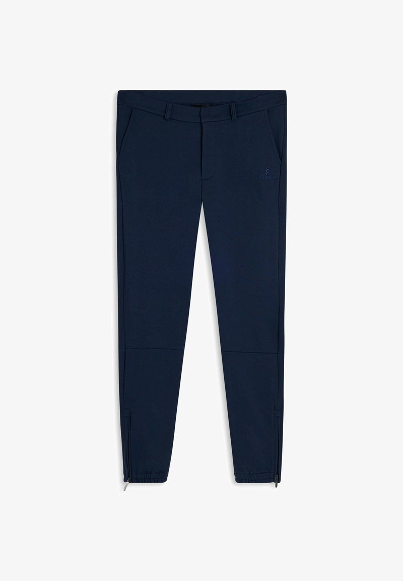 Pantalones azul marino de corte ajustado hechos de tela suave, con bolsillos laterales y puños en los tobillos con cremallera para un ajuste ajustable. Logo en la cadera.