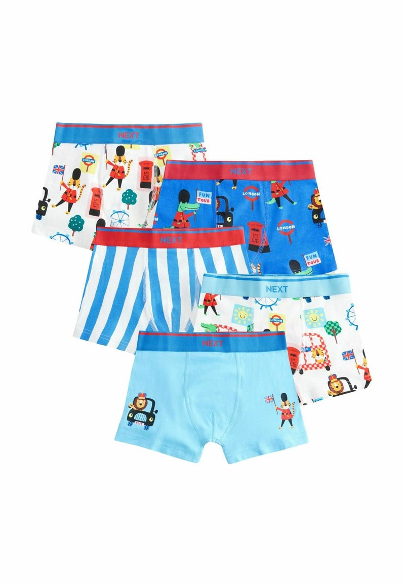 Fem par pojkboxershorts; bomullstyg. Har färgglada London-teman, ränder, blå och vit färgskala, röd elastisk midja.