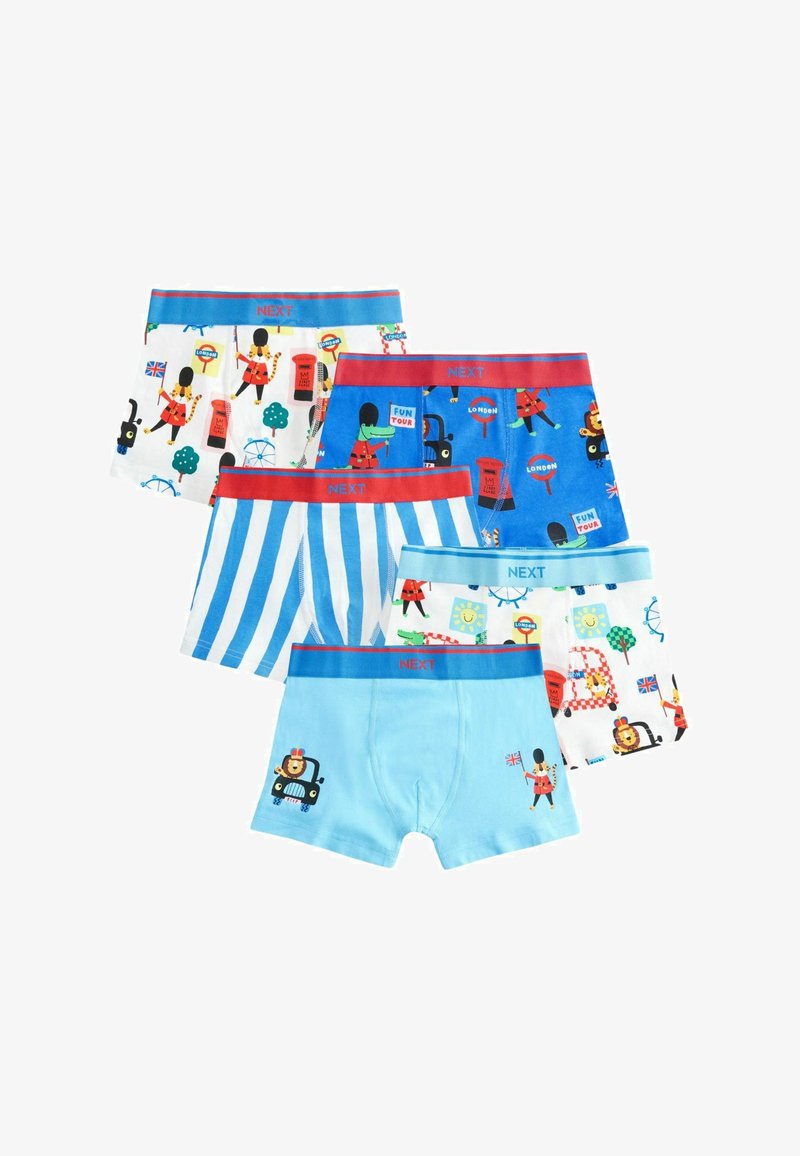Fem par boxer shorts til drenge; i bomuldsstof. Har farverige London-tema prints, striber, blå og hvid farveskema, samt røde elastiske taljebånd.