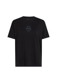 Sort bomulds t-shirt med korte ærmer og rund halsudskæring. Har et blåt rundt logo med teksten "O'NEILL" i midten.