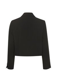 Czarna skrócona kurtka z gładkiego materiału, z klasycznym kołnierzem, długimi rękawami i guzikami na mankietach. Widok z tyłu.