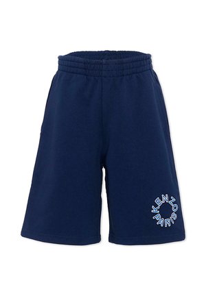 Marineblå knæshorts med elastisk taljebånd og cirkulær hvid tekst med ordene "KENZO PARIS" på den nederste venstre ben.