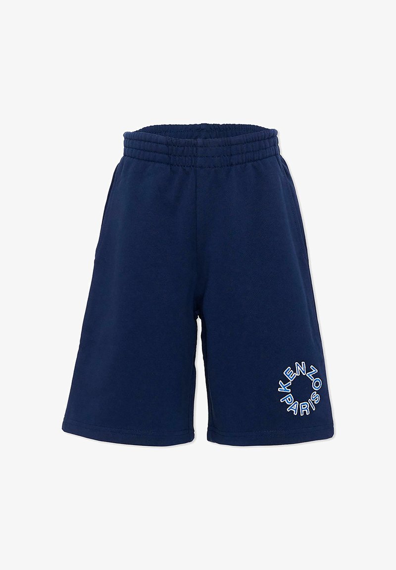 Marineblå knæshorts med elastisk taljebånd og cirkulær hvid tekst med ordene "KENZO PARIS" på den nederste venstre ben.