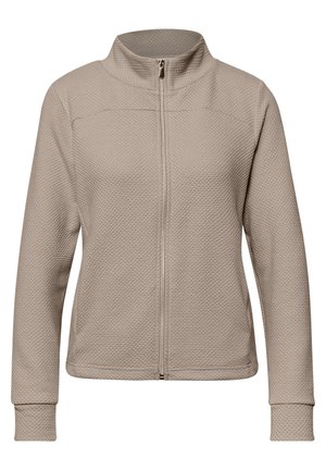 Beige struktureret jakke med lange ærmer, fuld lynlås foran og høj krave, tætsiddende snit og manchetter i stof.