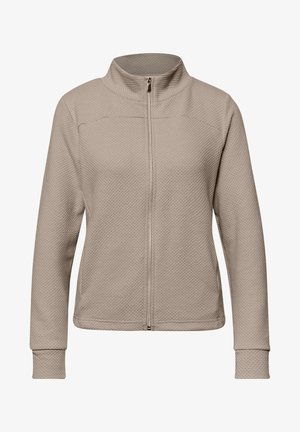 Beige textuur lange mouwen jas met volledige ritssluiting aan de voorkant en hoge kraag, getailleerde snit en stoffen manchetten.