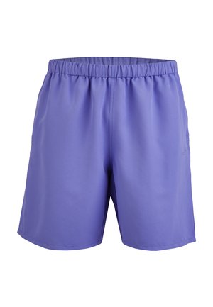 Lila Shorts mit elastischem Bund, lockerem Schnitt und glattem Stoff, von vorne vor weißem Hintergrund gezeigt.