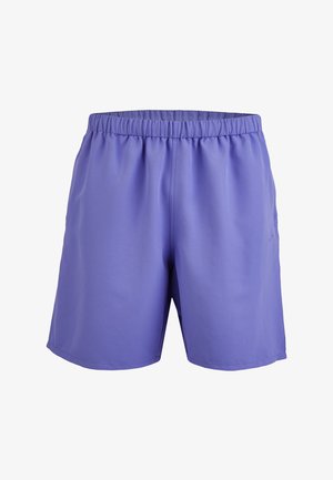 Purple elastic waistband shorts with a loose fit and smooth fabric, shown from the front against a white background.