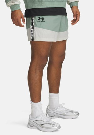 Pantalones cortos atléticos de color verde claro y blanco con detalles y logotipo en negro, combinados con calcetines blancos de caña corta y zapatillas de correr plateadas.