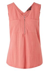 Haut sans manches corail avec décolleté en V, fermeture éclair à l'avant et deux poches plaquées, fabriqué en tissu léger avec une finition légèrement texturée.