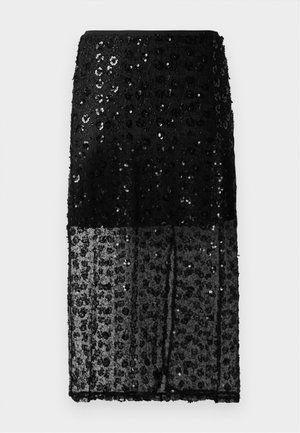 Gonna midi nera con paillettes, realizzata con una sezione inferiore trasparente, caratterizzata da un tessuto testurizzato e una vita aderente, evidenziata da un design a strati.