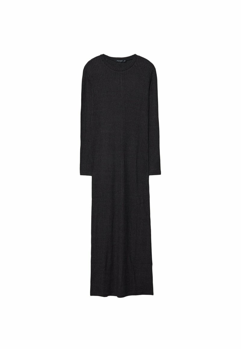 Robe à manches longues en gris foncé, avec un col rond et une conception longue au sol, de coupe droite et en tissu doux.