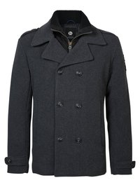 Dark gray wool peacoat with double-breasted front, notch lapels, and buttoned cuffs. Features a quilted inner lining and piping details.
