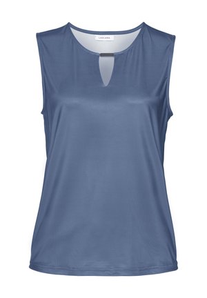 Top sin mangas de suave tela azul, con un escote redondo y un corte en forma de ojo de cerradura, y una textura lisa, ideal para el uso casual.