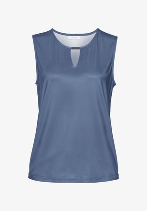 Top sin mangas de suave tela azul, con un escote redondo y un corte en forma de ojo de cerradura, y una textura lisa, ideal para el uso casual.