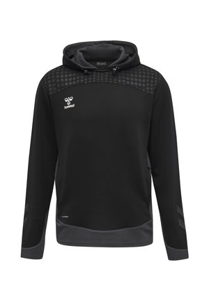 Sudadera deportiva Hummel negra y gris con diseño de lunares en el hombro, logo frontal y paneles de malla transpirables en los puños y el dobladillo.