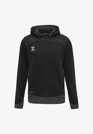 Sudadera deportiva Hummel negra y gris con diseño de lunares en el hombro, logo frontal y paneles de malla transpirables en los puños y el dobladillo.