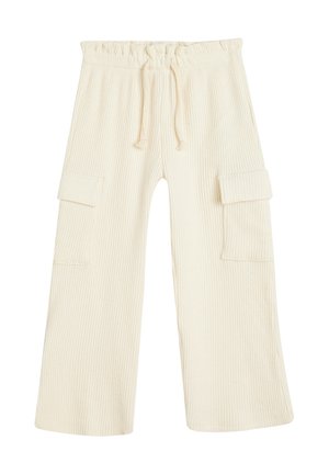Lys beige cargo bukser med vertikal ribbet tekstur, elastisk talje, snorelukning og to sidelommer med klap og knap.