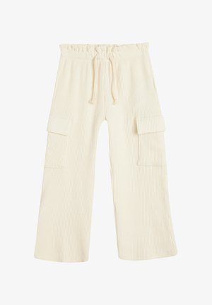 Lys beige cargo bukser med vertikal ribbet tekstur, elastisk talje, snorelukning og to sidelommer med klap og knap.