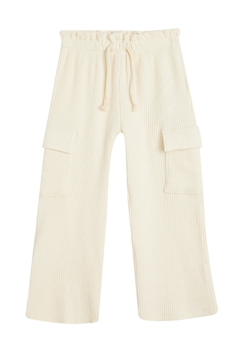 Lys beige cargo bukser med vertikal ribbet tekstur, elastisk talje, snorelukning og to sidelommer med klap og knap.