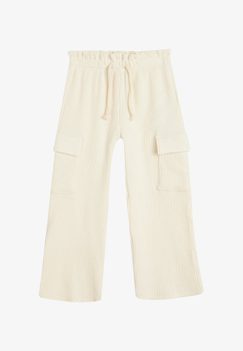 Lys beige cargo bukser med vertikal ribbet tekstur, elastisk talje, snorelukning og to sidelommer med klap og knap.