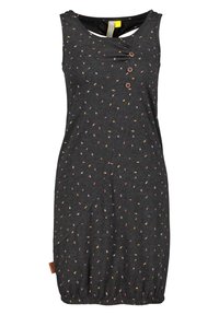 Ciemnoszara sukienka bez rękawów z wielokolorowym wzorem liści, trzy dekoracyjne guziki z przodu i marszczony dół.