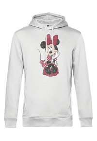 Ljusgrå hoodie med ett framtryckt motiv av en tecknad karaktär. Har en röd prickig klänning och rosett, med en avslappnad passform och dragskohuva.