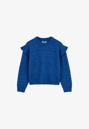Maglione azzurro lavorato a maglia con colletto rotondo, texture a costine e dettagli arricciati sulle spalle. Maniche lunghe e orlo dritto.