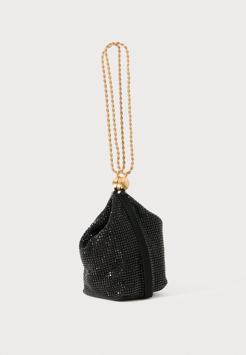 Black mesh clutch with a beaded texture, featuring a gold twisted chain strap and a rounded closure with a decorative bead on top.