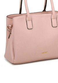 Pink synthetic handbag with two straps, gold hardware accents, and a logo. Features a smooth texture and structured shape.