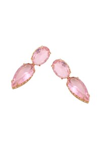 Orecchini con gemme rosa in forma di marquise allungata, montati in metallo dorato con dettagli intricati a griffes.