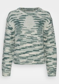 Maglione lavorato a maglia con scollatura a girocollo, design marmorizzato verde pastello e bianco, maniche lunghe e finitura testurizzata. Etichetta del marchio visibile all'interno dello scollo.