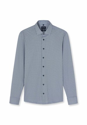 Heren overhemd met lange mouwen, met een klein blauw-wit geruit patroon en een klassieke kraag op een witte achtergrond.