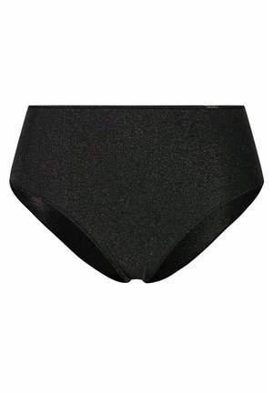 Zwarte high-waisted bikinibroek met een glanzende, gestructureerde afwerking. Kenmerkt zich door een gladde tailleband en een klassieke snit voor een comfortabele pasvorm.