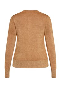 Metallic bronze Pullover mit langen Ärmeln und rundem Ausschnitt. Glatte Textur, taillierte Bündchen und ein passender Saum an der Taille.