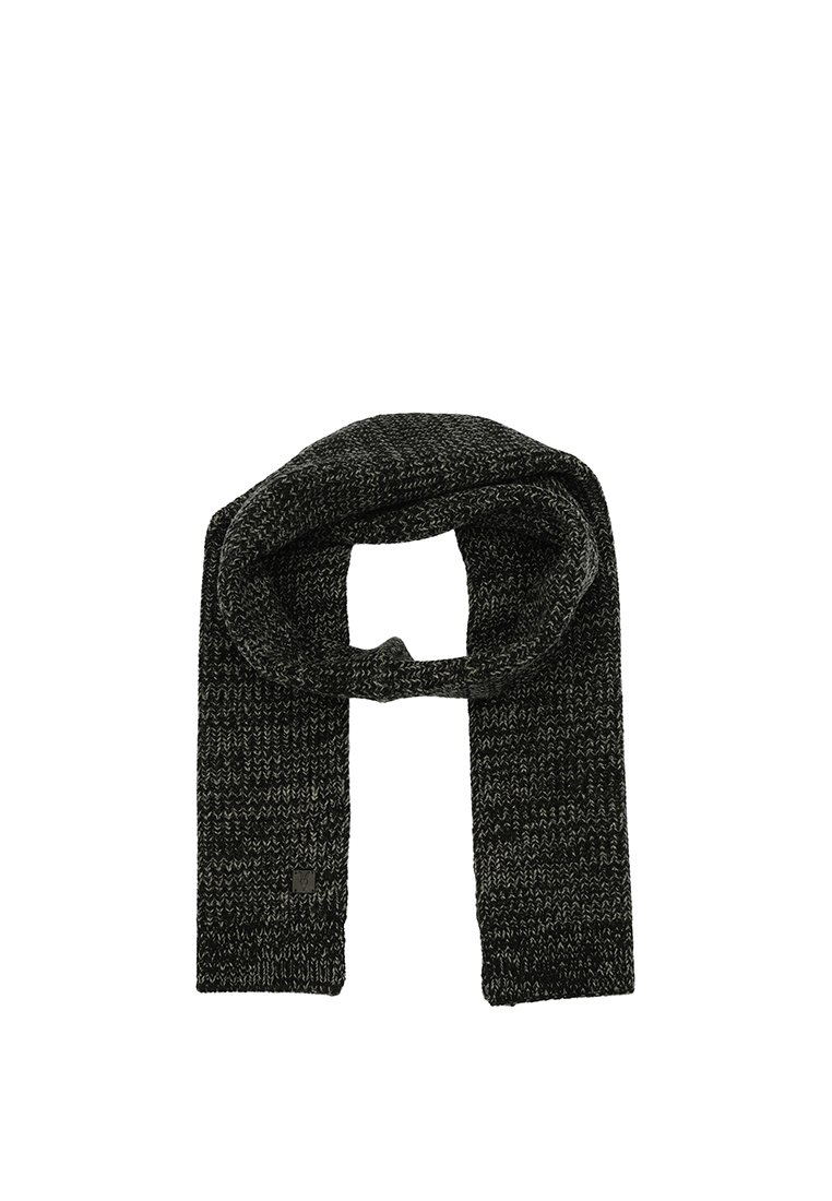 Bufanda de punto en gris oscuro y negro, con un patrón texturizado y extremos redondeados. Pequeño parche del logo cerca de un extremo. Material suave y cálido.