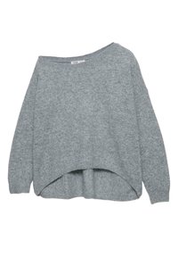 Maglione oversize grigio realizzato in morbido tessuto a maglia. Presenta una scollatura ampia, maniche lunghe e un orlo curvo asimmetrico.
