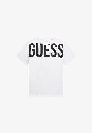 Weißes kurzärmeliges T-Shirt mit großem schwarzem "GUESS"-Schriftzug auf der Brust, Rundhalsausschnitt und einem klaren, minimalistischen Design.