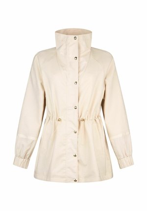 Svijetlo bež jakna s visokim ovratnikom, prednjim zatvaračem na drukere, podesivim vezicama u struku i elastičnim rukavima na dugim rukavima.