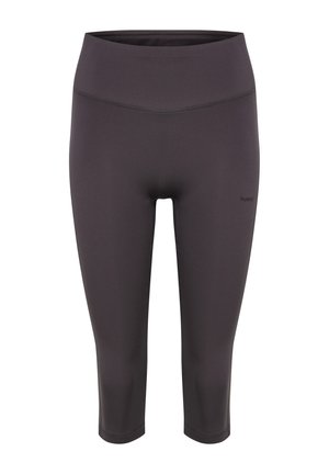 Sorte cropped leggings med høj talje, glat finish og diskret branding på højre lår, vist mod hvid baggrund.