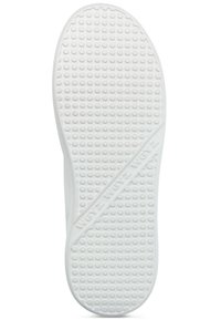 Suela de zapato de goma blanca con superficie texturizada que presenta pequeños agarres circulares y un logo estampado en el centro.