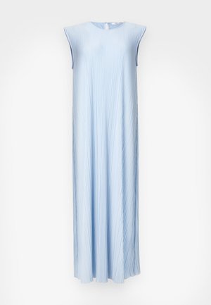 Light blue pleated sleeveless dress with a round neckline and a keyhole back closure. Flowing A-line shape, smooth texture, and subtle sheen.
