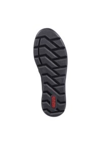 Black rubber shoe sole with a zigzag tread pattern. Features a red logo detail and textured surface for improved grip.
